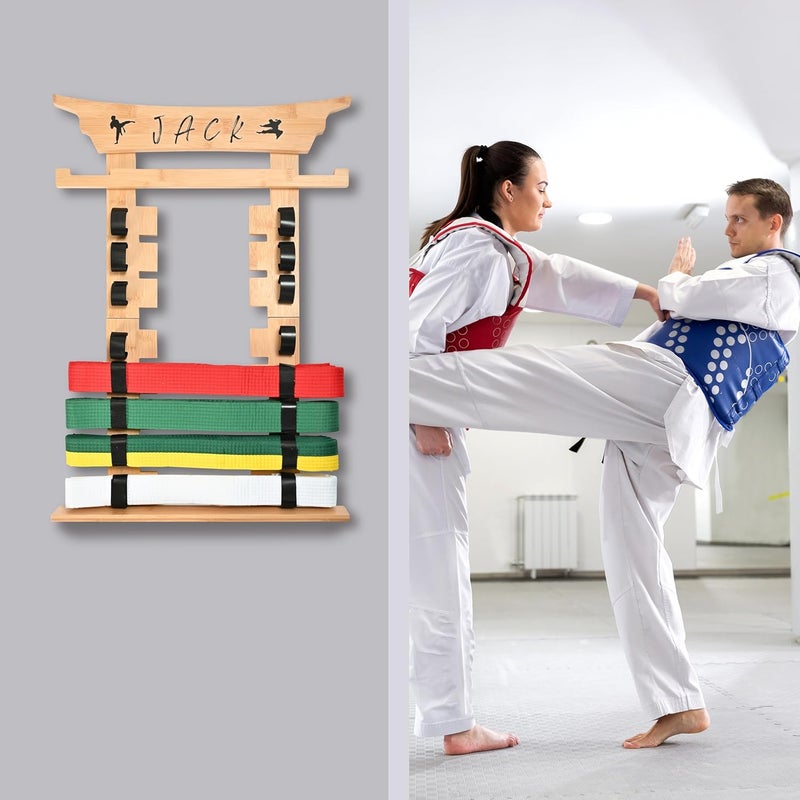 humberboat Wall Karate Belt Display Rack with Medal Hanger and Stickers, Martial Arts Belt Display Holder, 8 Belt Taekwondo Belt Belt Display Hanging Holder for Kids and Adults-Brown - Image 2